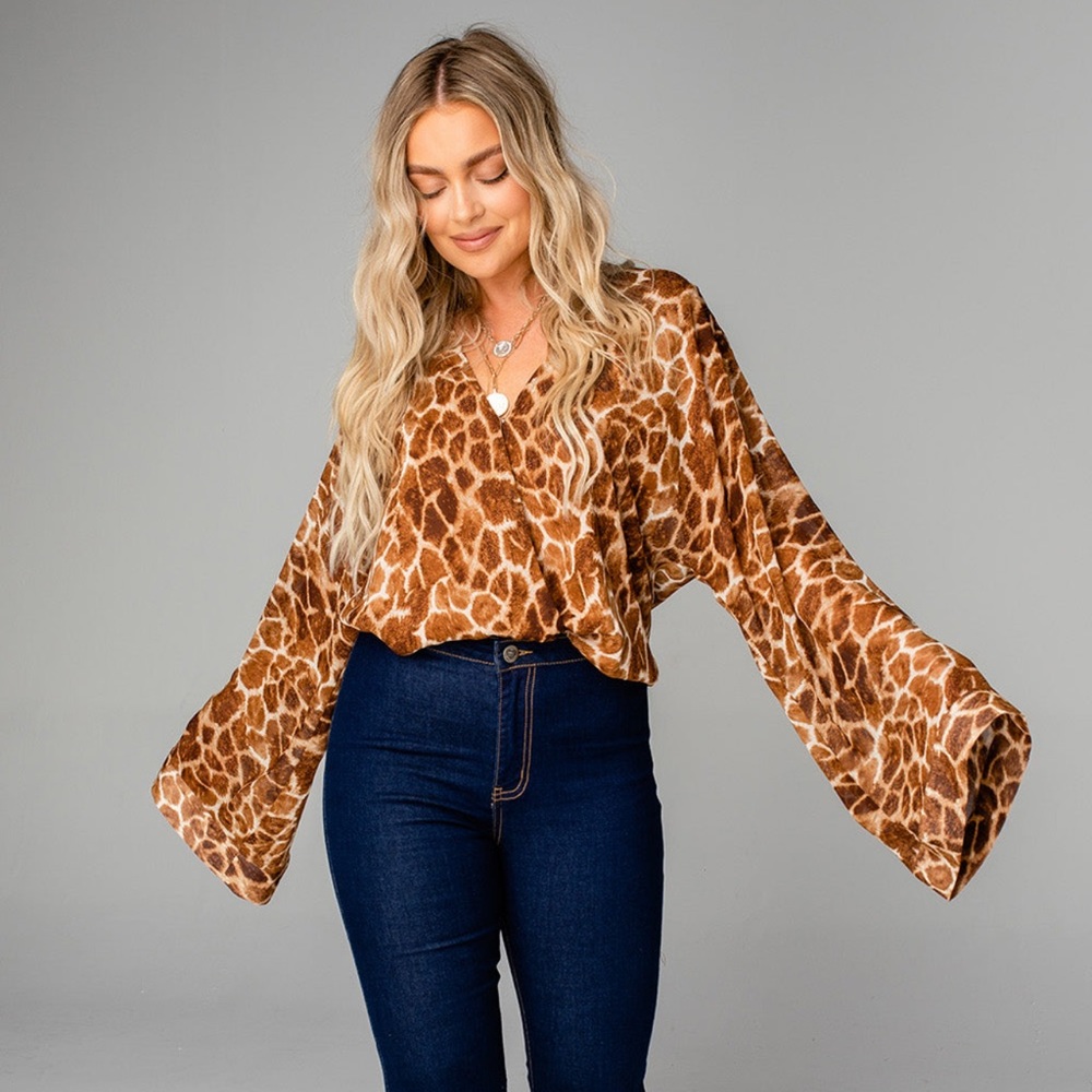 BuddyLove giraffe print chiffon bell sleeve Bodysuit. Size large